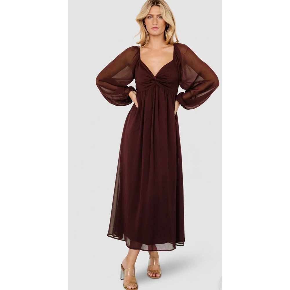NWT Baltic Born | Dione Midi Dress Size M Mahogany Brown Chiffon Smocked